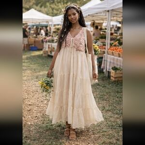 Cream Pink Ruffled Tiered Maxi Dress #147